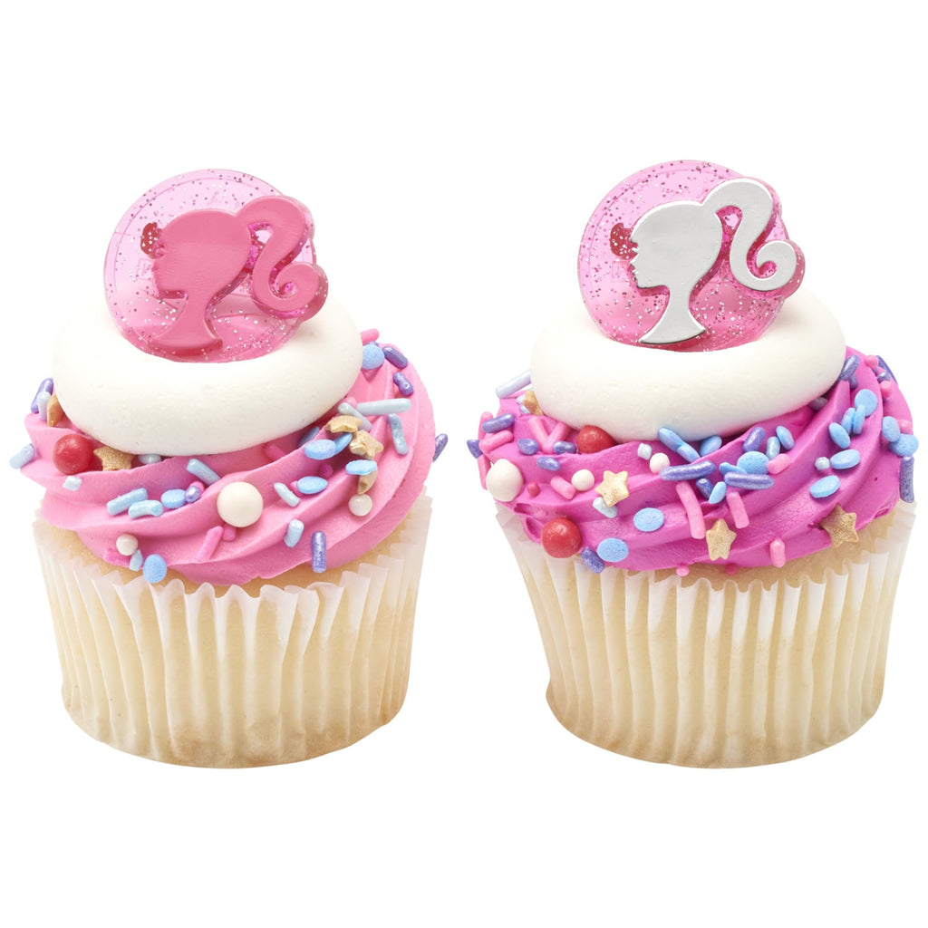 DecoPac Barbie Silhouette Cupcake Rings - 24 Pack of Pink Glitter Cake Toppers for Birthdays and Parties