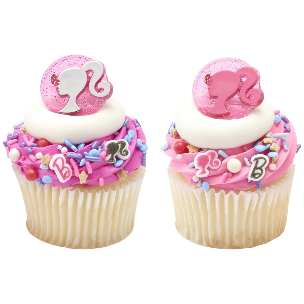 DecoPac Barbie Silhouette Cupcake Rings - 24 Pack of Pink Glitter Cake Toppers for Birthdays and Parties