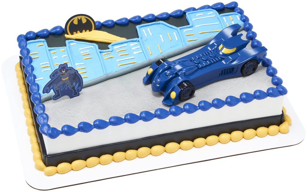 DecoPac Batman Into Action Cake Topper Set – 3-Piece with Batmobile and Pics
