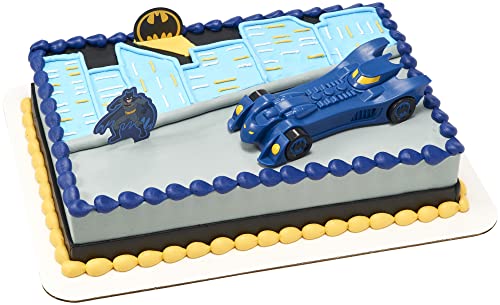 DecoPac Batman Into Action Cake Topper Set – 3-Piece with Batmobile and Pics