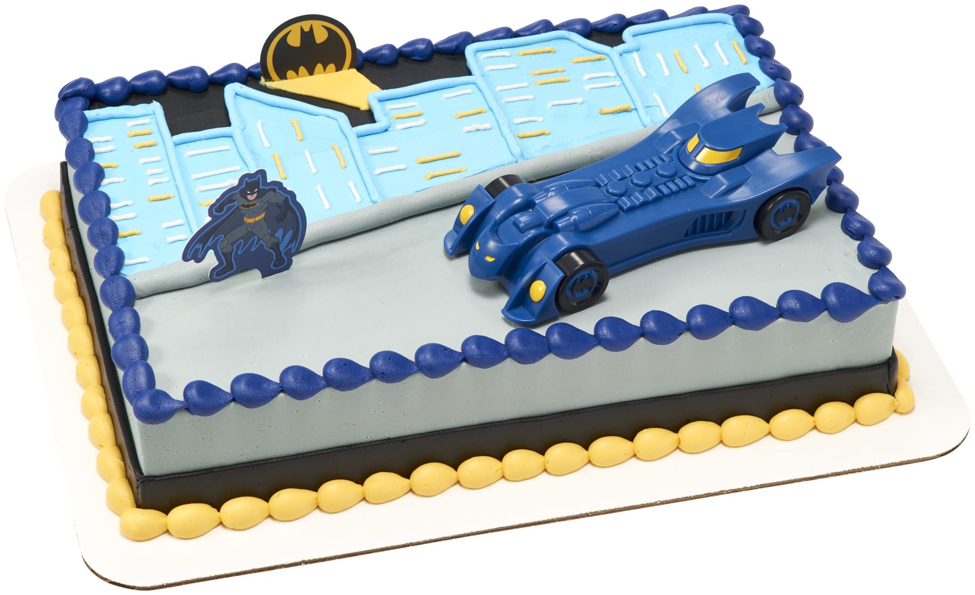 DecoPac Batman Into Action Cake Topper Set – 3-Piece with Batmobile and Pics
