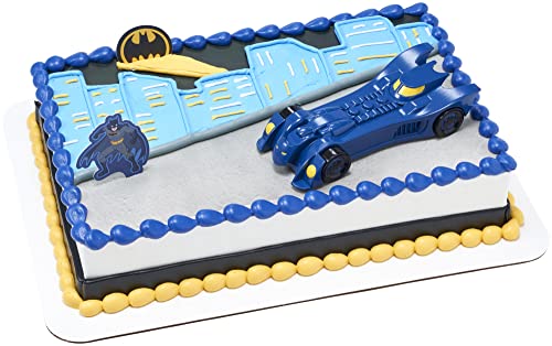 DecoPac Batman Into Action Cake Topper Set – 3-Piece with Batmobile and Pics