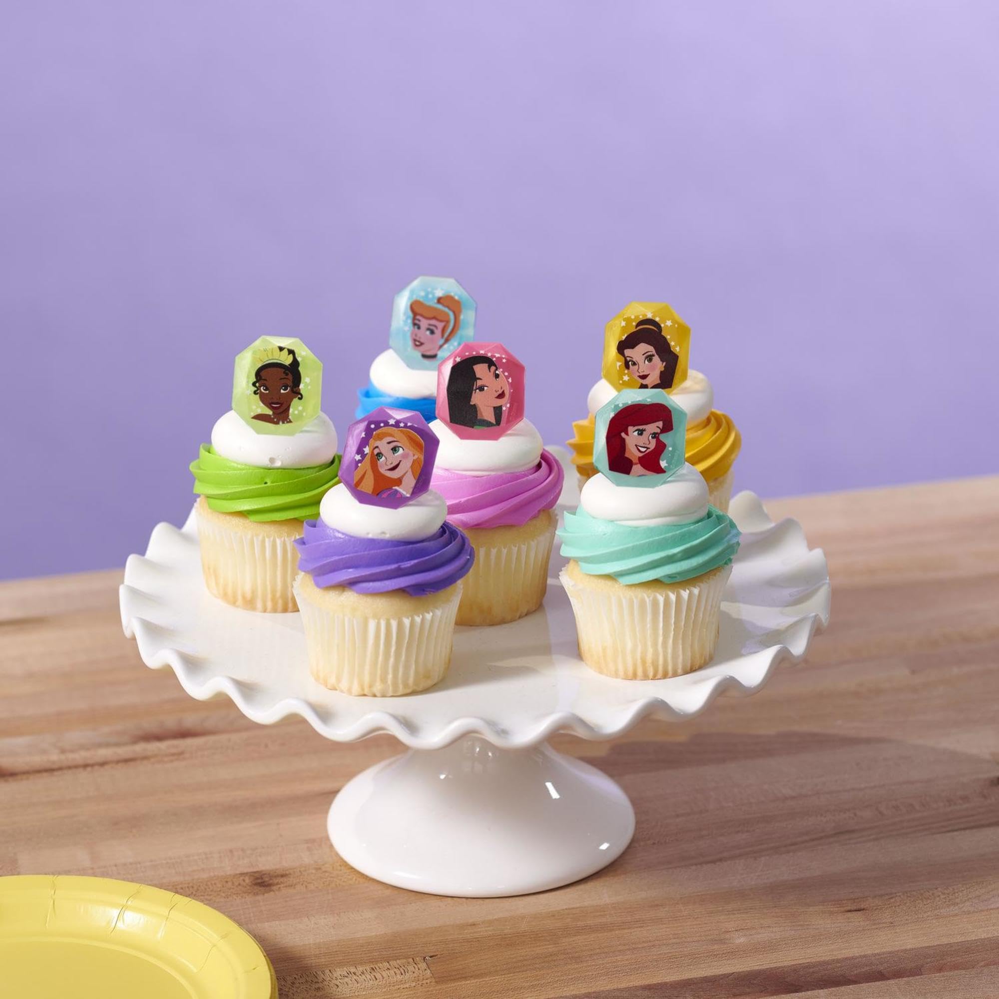 DecoPac Disney Princess Gemstone Rings - 24 Pack Cupcake Toppers with Mulan, Cinderella, Tiana, Belle, Rapunzel, Ariel