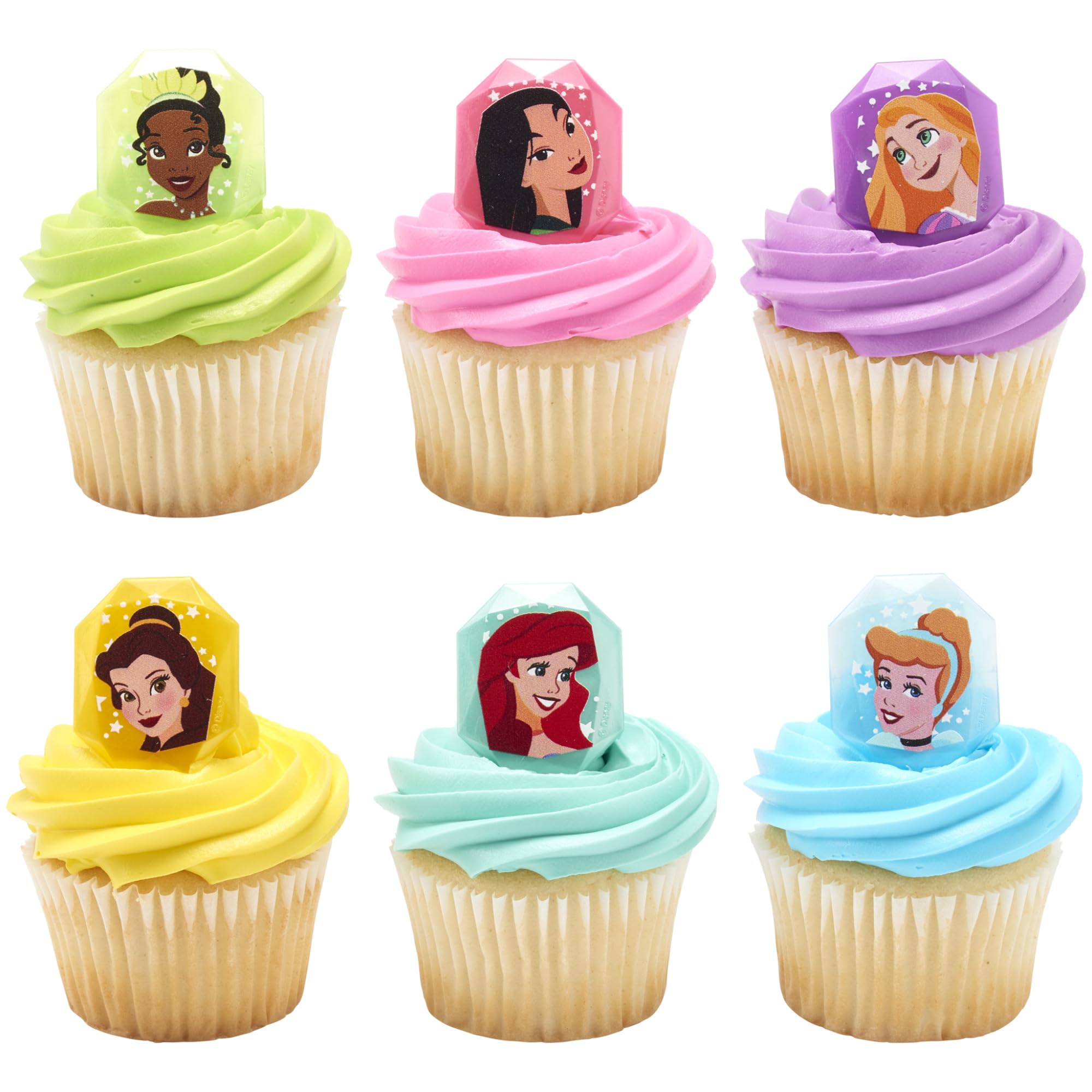 DecoPac Disney Princess Gemstone Rings - 24 Pack Cupcake Toppers with Mulan, Cinderella, Tiana, Belle, Rapunzel, Ariel