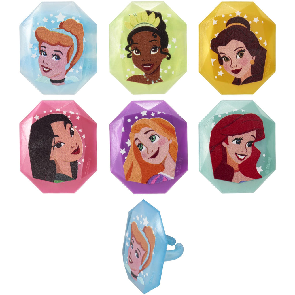 DecoPac Disney Princess Gemstone Rings - 24 Pack Cupcake Toppers with Mulan, Cinderella, Tiana, Belle, Rapunzel, Ariel