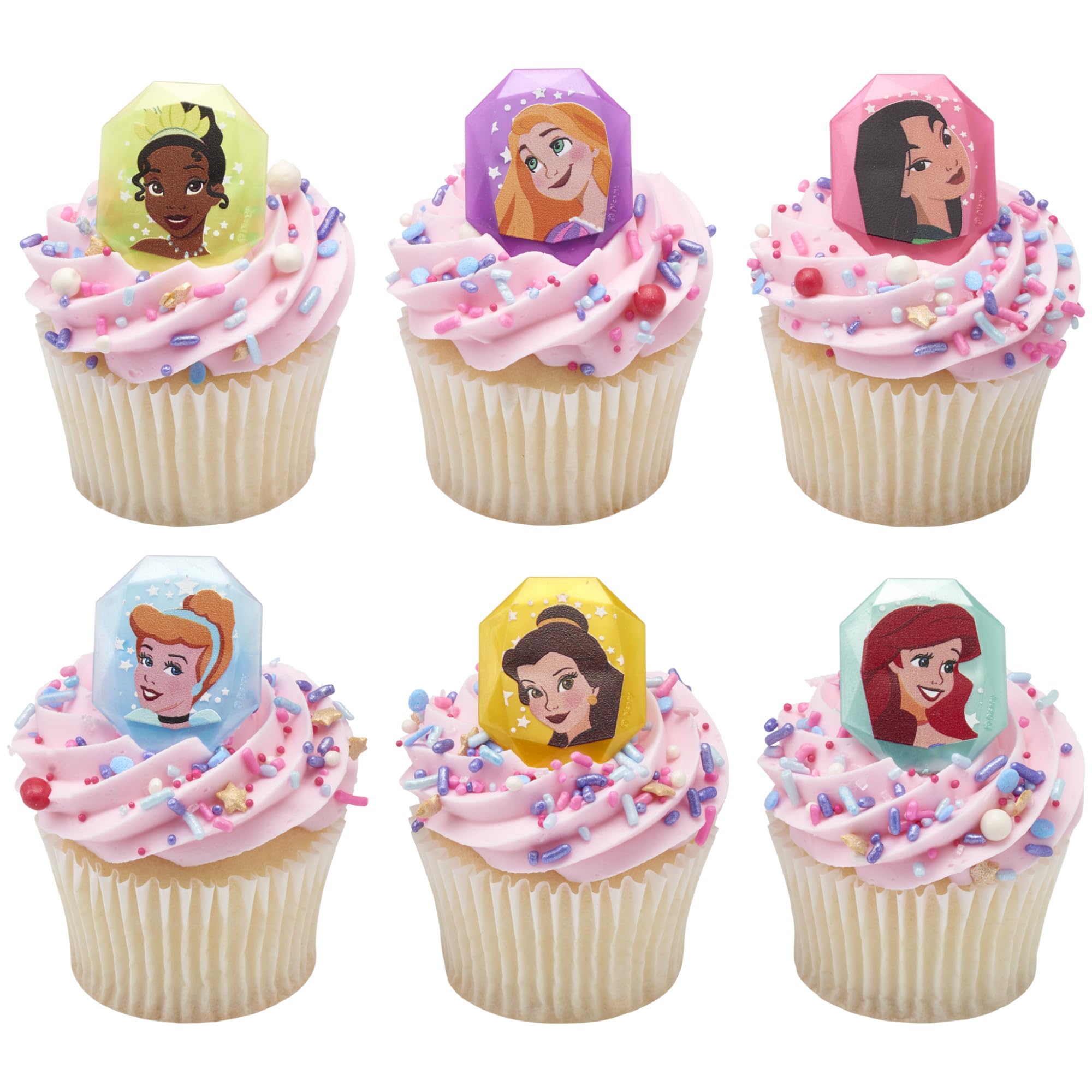 DecoPac Disney Princess Gemstone Rings - 24 Pack Cupcake Toppers with Mulan, Cinderella, Tiana, Belle, Rapunzel, Ariel