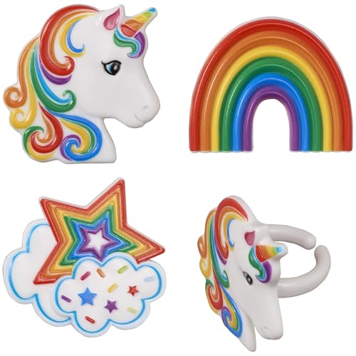 DecoPac Rainbow Unicorn Cupcake Rings – 24 Pack, Food-Safe Plastic Cake Toppers for Birthdays