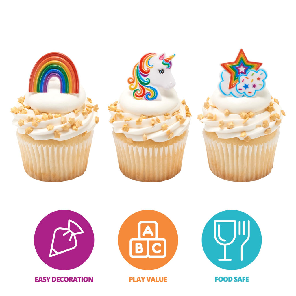 DecoPac Rainbow Unicorn Cupcake Rings – 24 Pack, Food-Safe Plastic Cake Toppers for Birthdays