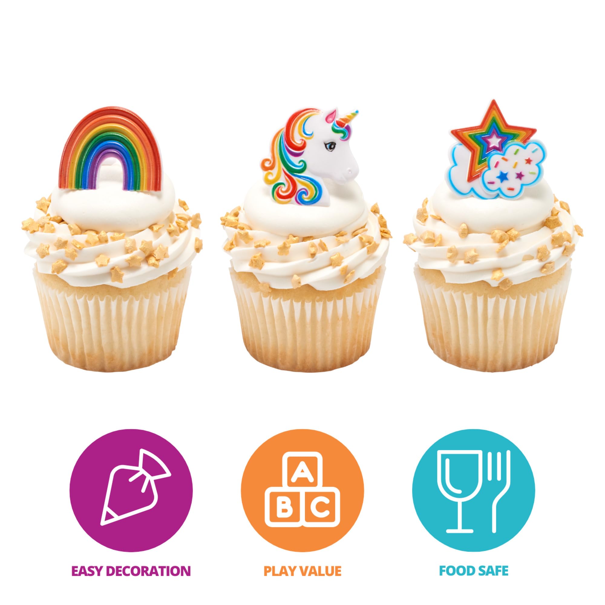 DecoPac Rainbow Unicorn Cupcake Rings – 24 Pack, Food-Safe Plastic Cake Toppers for Birthdays