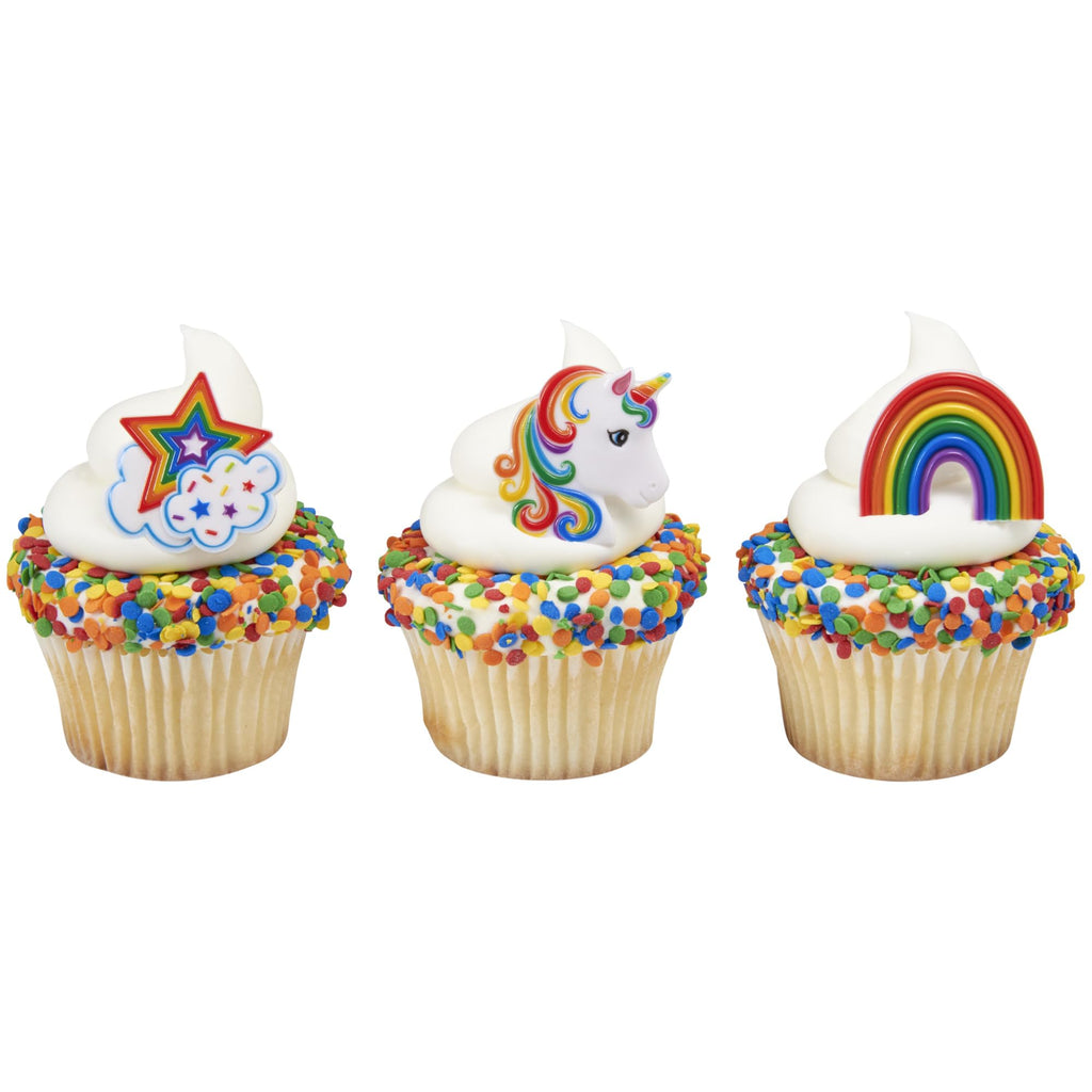 DecoPac Rainbow Unicorn Cupcake Rings – 24 Pack, Food-Safe Plastic Cake Toppers for Birthdays