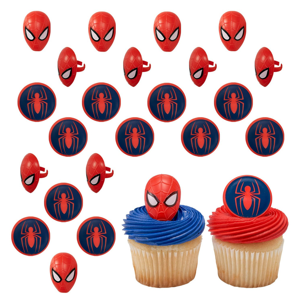 DecoPac Spider-Man Cupcake Rings – 24 Pack | Red & Blue Food Safe Cake Toppers
