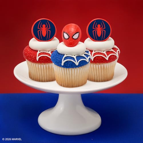 DecoPac Spider-Man Cupcake Rings – 24 Pack | Red & Blue Food Safe Cake Toppers