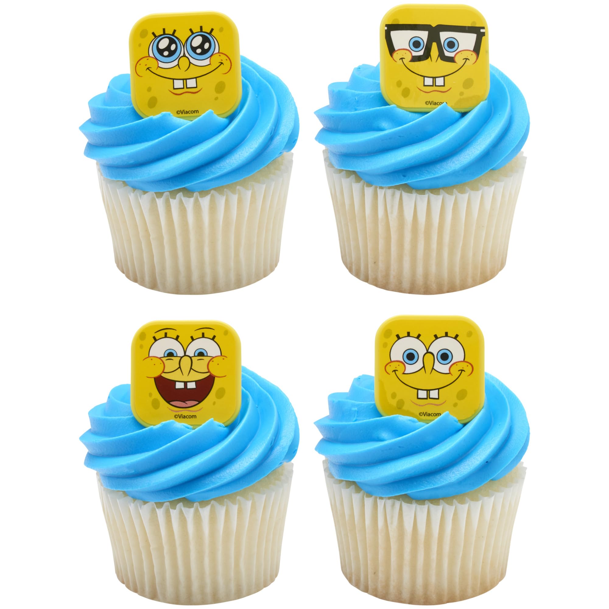 DecoPac SpongeBob SquarePants Mood Faces Cupcake Rings – 24 Pack Yellow Plastic Toppers for Party Desserts
