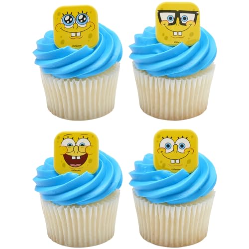 DecoPac SpongeBob SquarePants Mood Faces Cupcake Rings – 24 Pack Yellow Plastic Toppers for Party Desserts