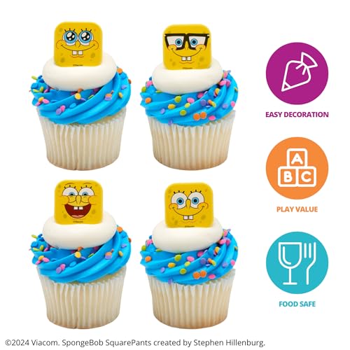 DecoPac SpongeBob SquarePants Mood Faces Cupcake Rings – 24 Pack Yellow Plastic Toppers for Party Desserts