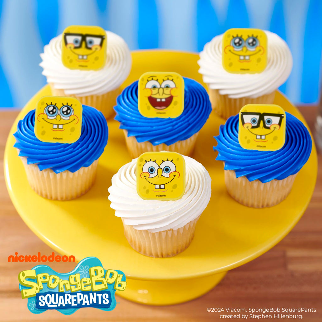 DecoPac SpongeBob SquarePants Mood Faces Cupcake Rings – 24 Pack Yellow Plastic Toppers for Party Desserts