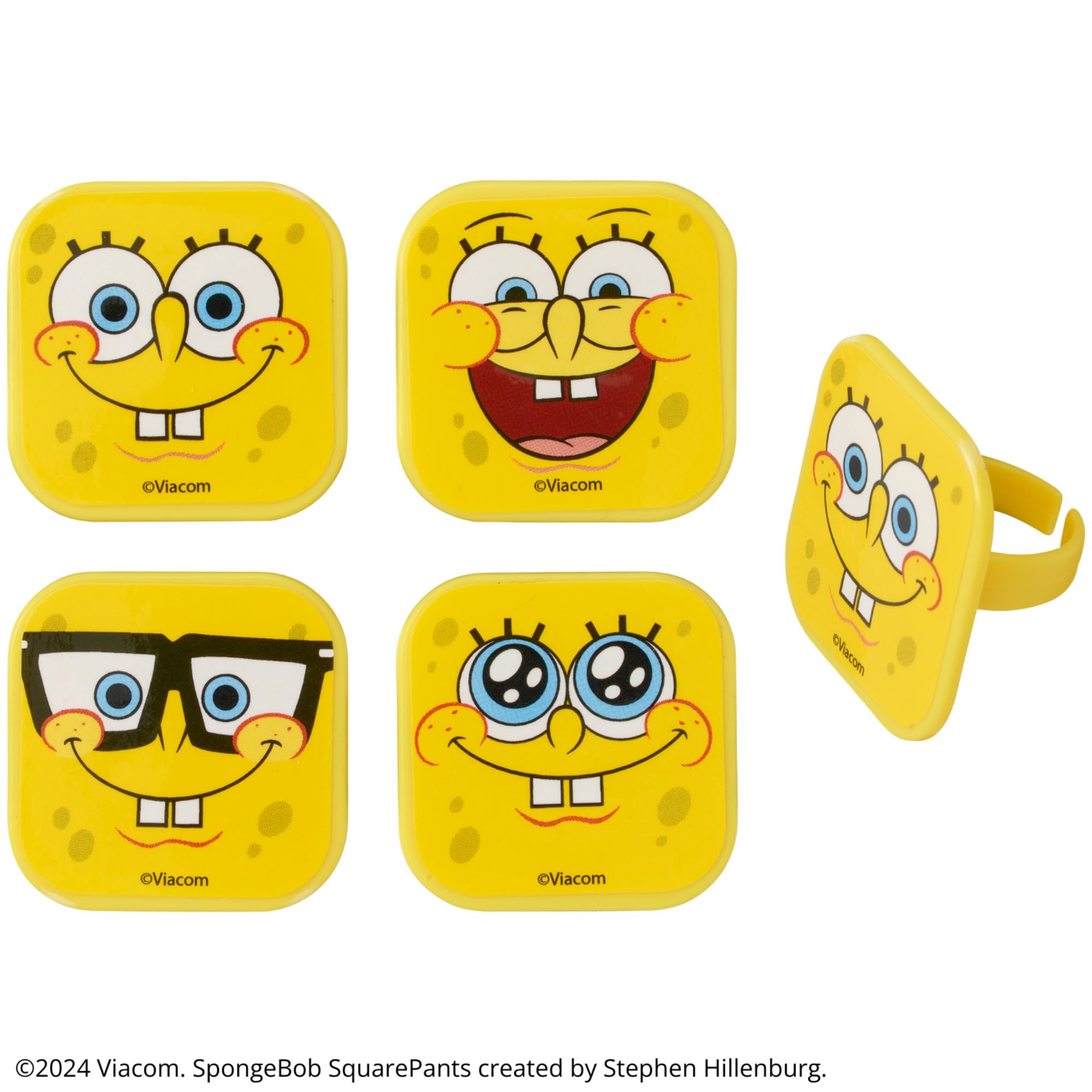 DecoPac SpongeBob SquarePants Mood Faces Cupcake Rings – 24 Pack Yellow Plastic Toppers for Party Desserts