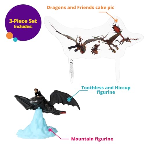 DecoSet How To Train Your Dragon Cake Topper – Hiccup & Toothless Figurines with Background Pic for Birthday Cakes