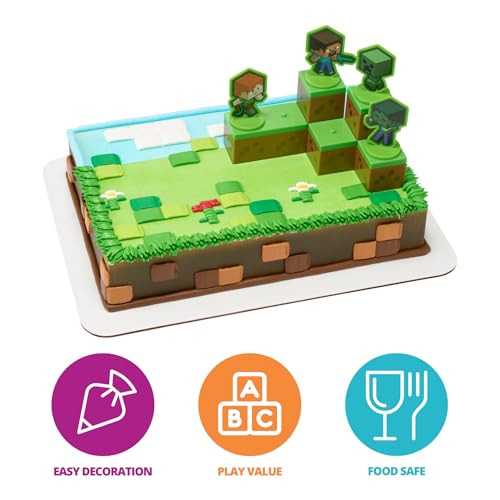 DecoSet Minecraft Mobs Beware Cake Topper – 6-Piece Stackable Blocks with Alex, Steve, and Mobs