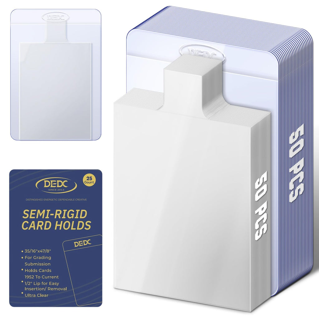DEDC 100 Pack Clear Card Sleeves: 50 Semi-Rigid Holders + 50 Tabbed Soft Sleeves for Trading Cards