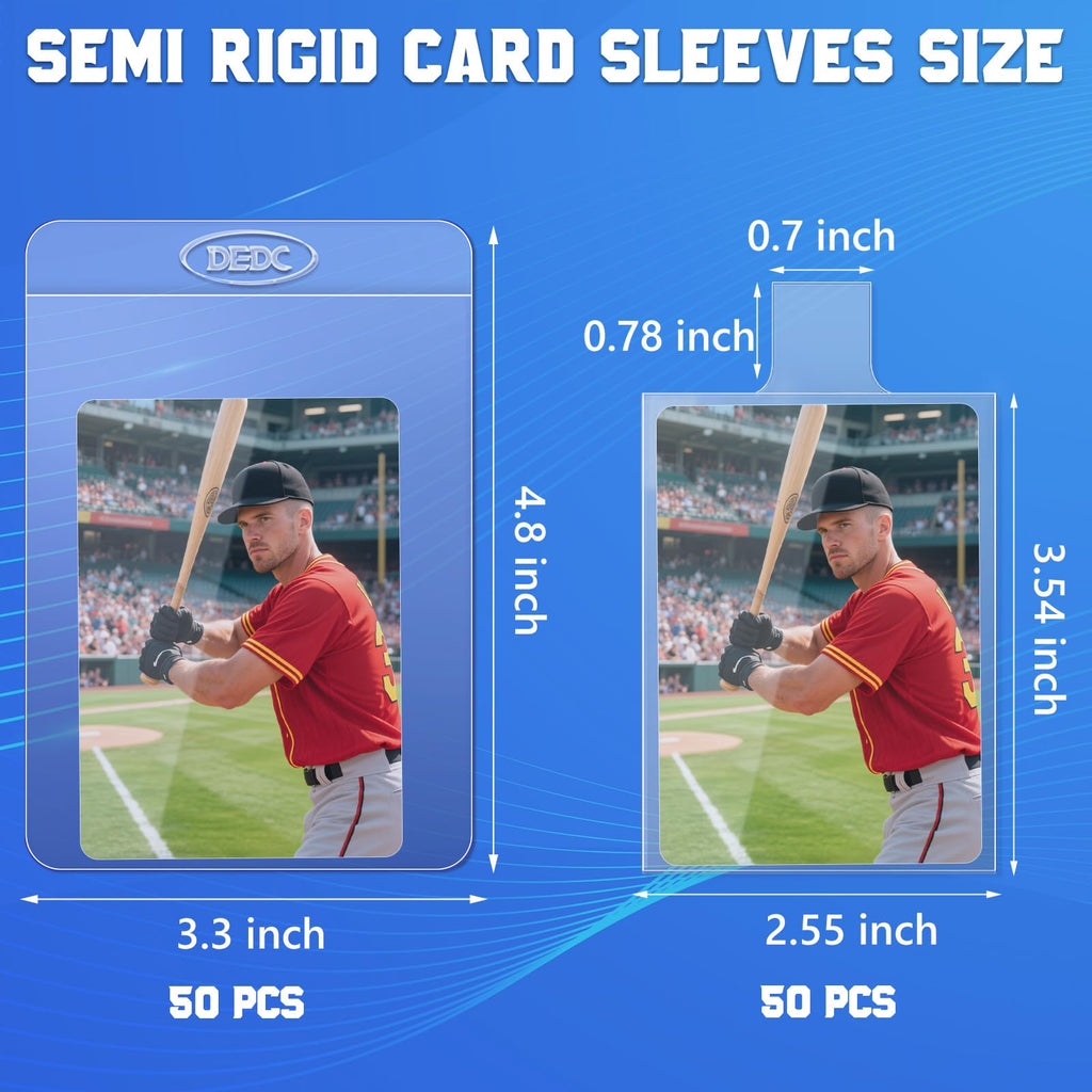 DEDC 100 Pack Clear Card Sleeves: 50 Semi-Rigid Holders + 50 Tabbed Soft Sleeves for Trading Cards