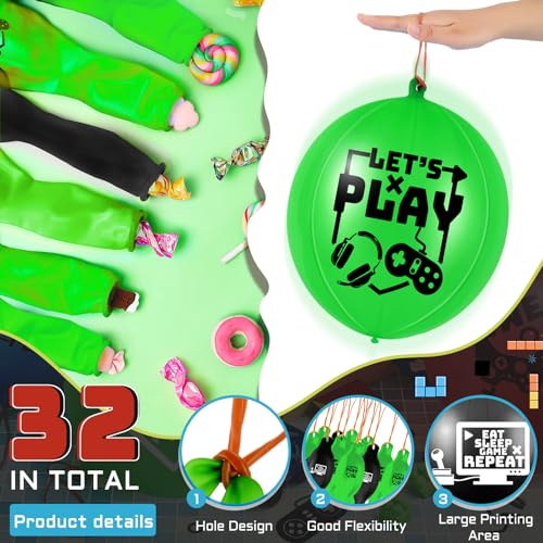 Deekin 32-Pack Video Game Punch Balloons – Pixelated Latex Balloons with Rubber Band Handles for Party Favors (Green & Black)