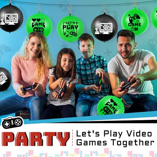 Deekin 32-Pack Video Game Punch Balloons – Pixelated Latex Balloons with Rubber Band Handles for Party Favors (Green & Black)