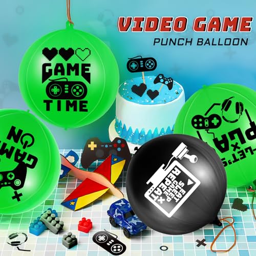 Deekin 32-Pack Video Game Punch Balloons – Pixelated Latex Balloons with Rubber Band Handles for Party Favors (Green & Black)