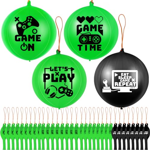 Deekin 32-Pack Video Game Punch Balloons – Pixelated Latex Balloons with Rubber Band Handles for Party Favors (Green & Black)