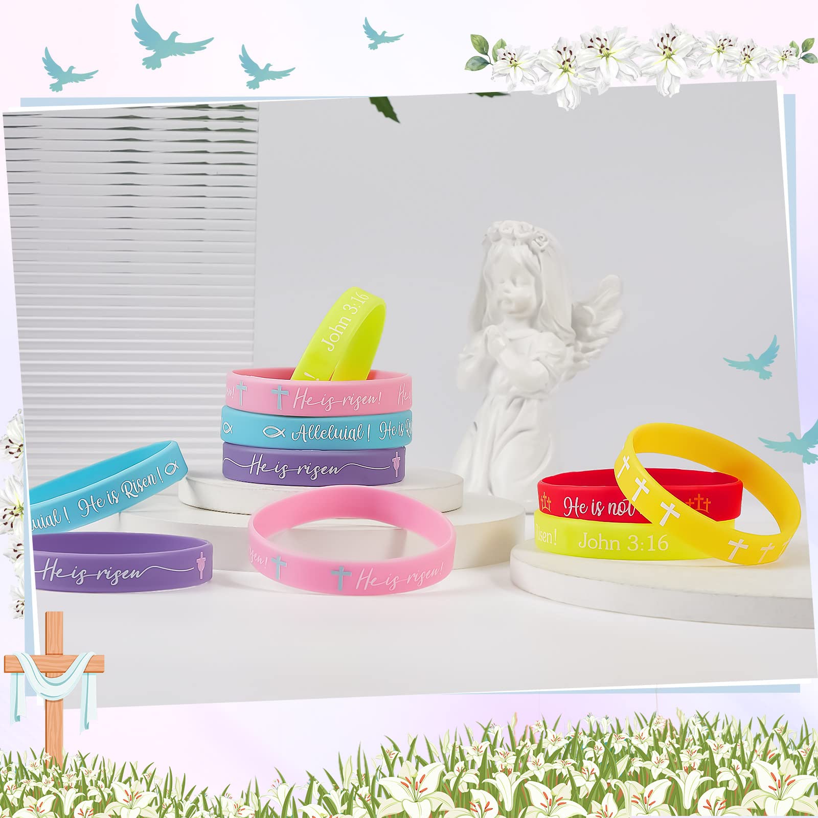 Deekin 36 Pcs He Is Risen Silicone Bracelets Bulk - Easter Basket Stuffers Religious Cross Wristbands for Church Events