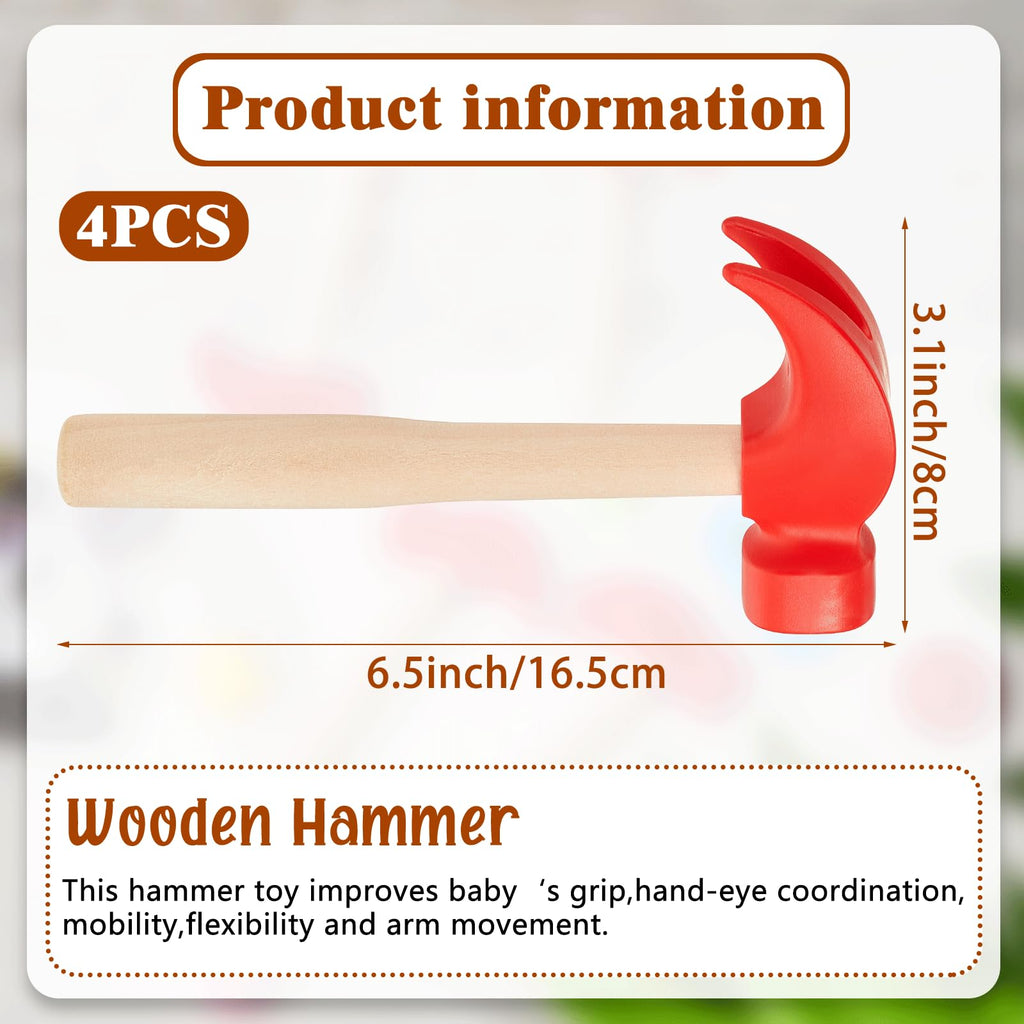 Deekin 4-Pack Toy Hammer Set – Red Plastic Head with Wooden Handle, 6.5 Inch Pretend Play Tools for Teens, Educational Gift for Birthday Parties