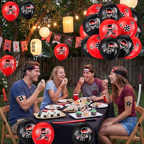 Deekin 60 Pack Ninja Balloons - Red & Black Latex Party Decoration Set with 4 Ninja Designs