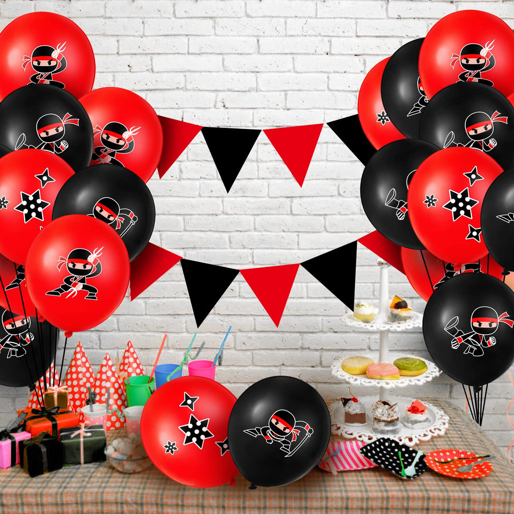 Deekin 60 Pack Ninja Balloons - Red & Black Latex Party Decoration Set with 4 Ninja Designs