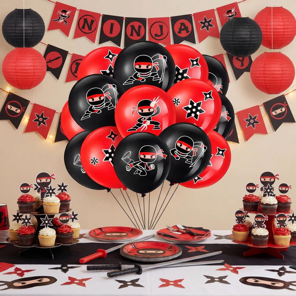 Deekin 60 Pack Ninja Balloons - Red & Black Latex Party Decoration Set with 4 Ninja Designs