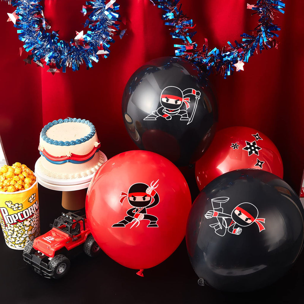 Deekin 60 Pack Ninja Balloons - Red & Black Latex Party Decoration Set with 4 Ninja Designs