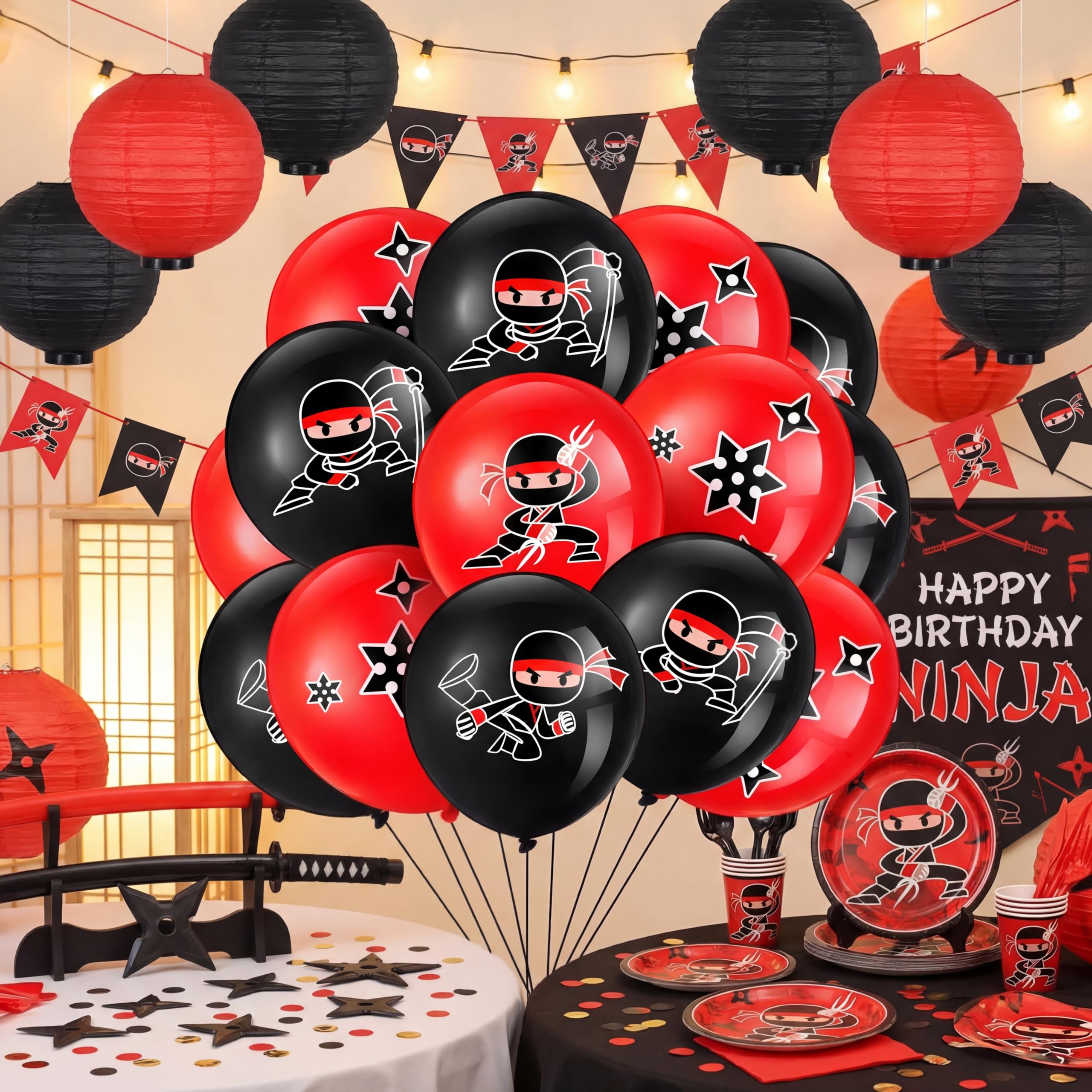 Deekin 60 Pack Ninja Balloons - Red & Black Latex Party Decoration Set with 4 Ninja Designs