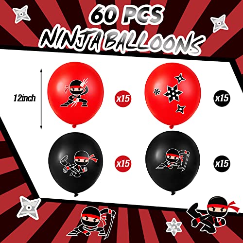 Deekin 60 Pack Ninja Balloons - Red & Black Latex Party Decoration Set with 4 Ninja Designs