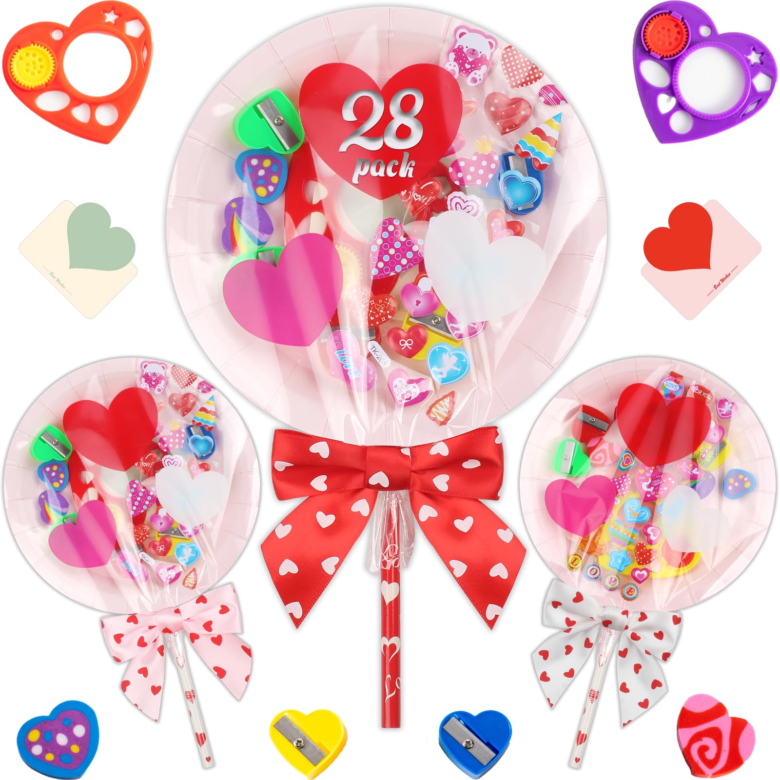 Deerher 28-Pack Valentine's Day Gifts for Kids - Large Pink Container with Rainbow Pencil, Spirograph, Stickers, and Cards for Classroom Exchange