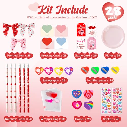 Deerher 28-Pack Valentine's Day Gifts for Kids - Large Pink Container with Rainbow Pencil, Spirograph, Stickers, and Cards for Classroom Exchange