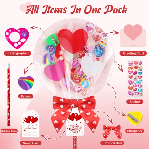 Deerher 28-Pack Valentine's Day Gifts for Kids - Large Pink Container with Rainbow Pencil, Spirograph, Stickers, and Cards for Classroom Exchange