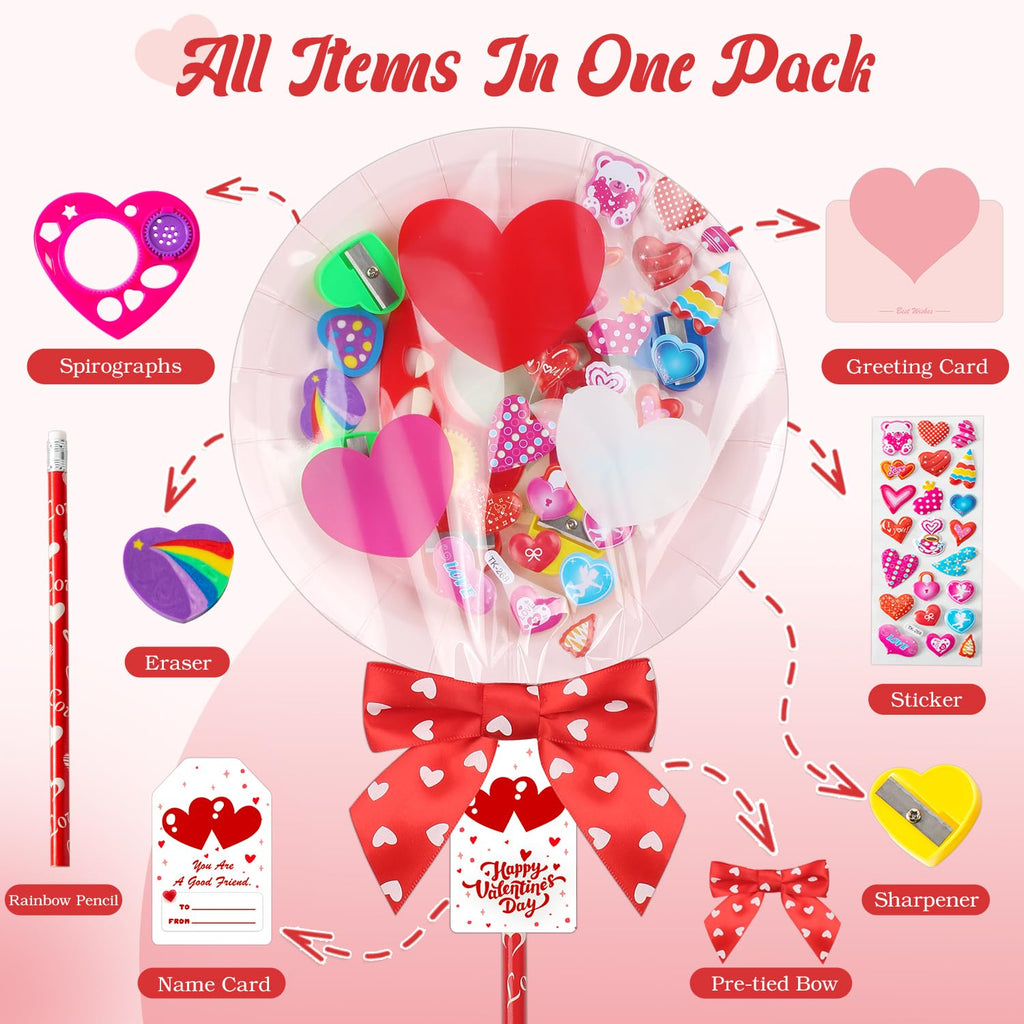 Deerher 28-Pack Valentine's Day Gifts for Kids - Large Pink Container with Rainbow Pencil, Spirograph, Stickers, and Cards for Classroom Exchange