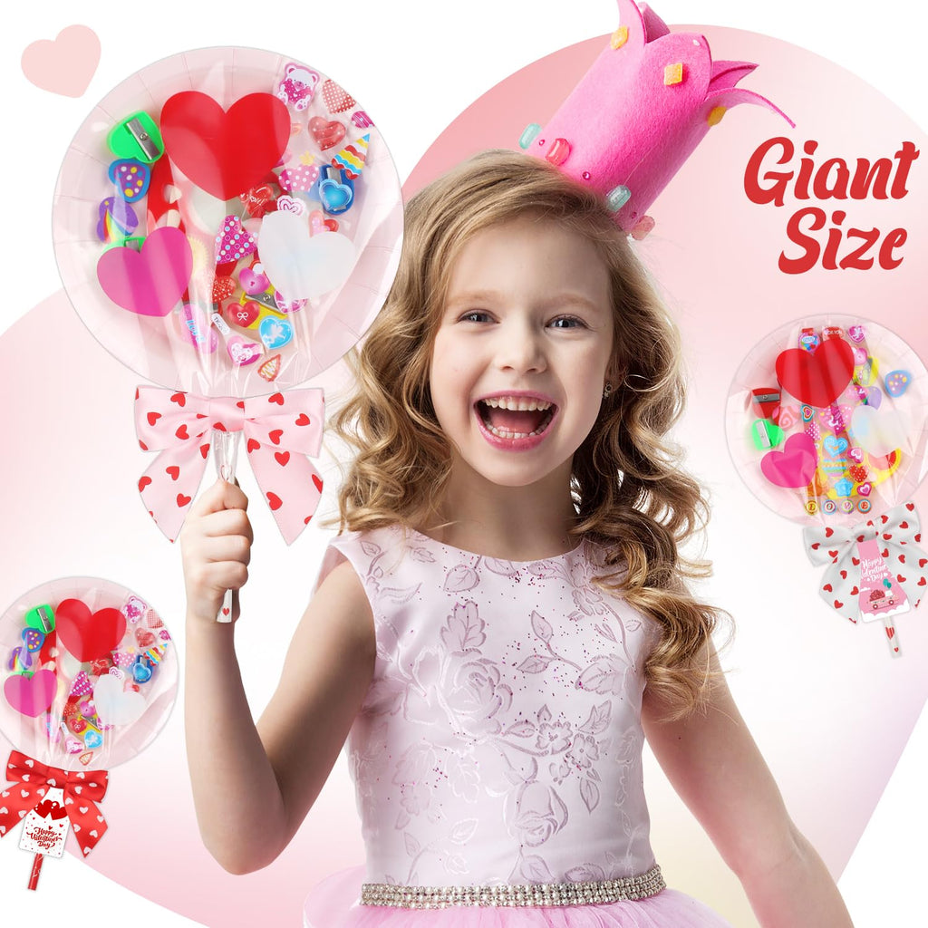 Deerher 28-Pack Valentine's Day Gifts for Kids - Large Pink Container with Rainbow Pencil, Spirograph, Stickers, and Cards for Classroom Exchange