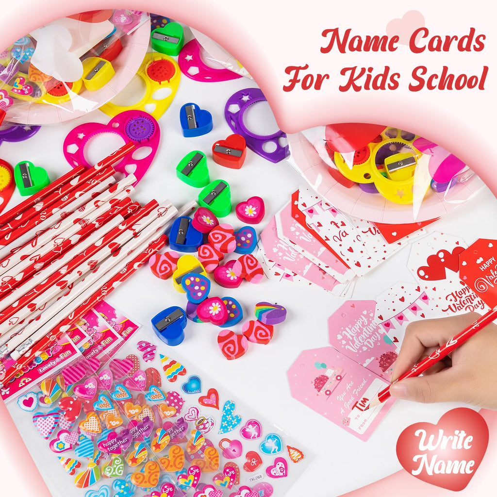 Deerher 28-Pack Valentine's Day Gifts for Kids - Large Pink Container with Rainbow Pencil, Spirograph, Stickers, and Cards for Classroom Exchange