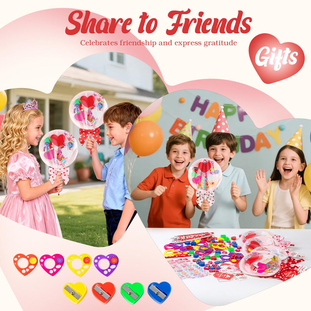 Deerher 28-Pack Valentine's Day Gifts for Kids - Large Pink Container with Rainbow Pencil, Spirograph, Stickers, and Cards for Classroom Exchange