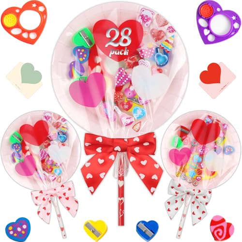 Deerher 28-Pack Valentine's Day Gifts for Kids - Large Pink Container with Rainbow Pencil, Spirograph, Stickers, and Cards for Classroom Exchange