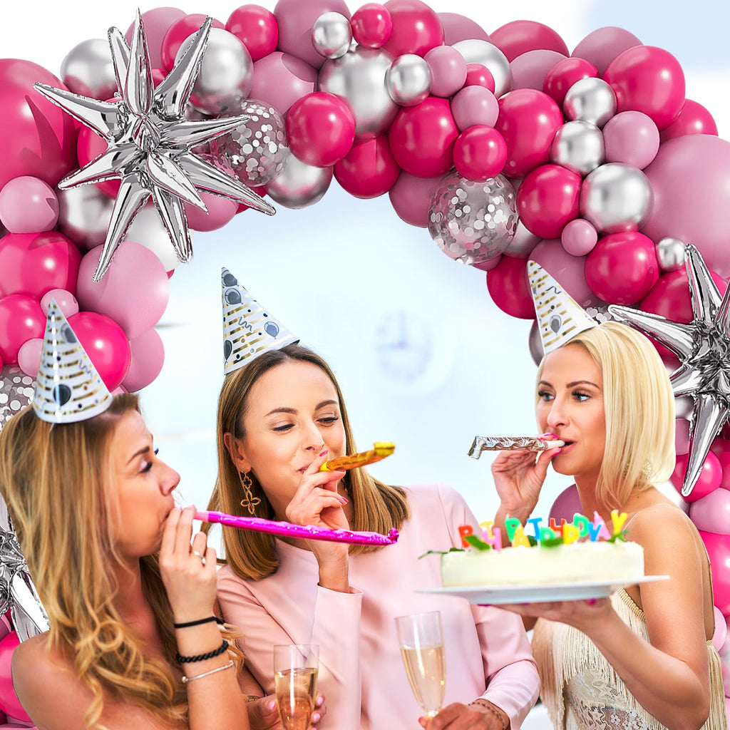 deiiom Hot Pink & Silver Balloon Arch Garland Kit – 127pcs for Princess Birthday, Baby Shower, Anniversary Party Decor
