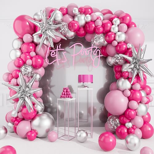 deiiom Hot Pink & Silver Balloon Arch Garland Kit – 127pcs for Princess Birthday, Baby Shower, Anniversary Party Decor