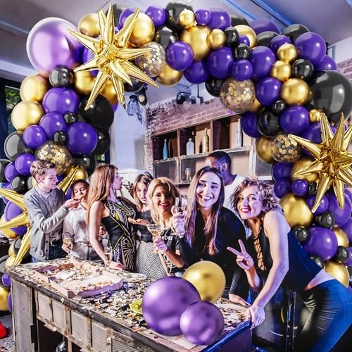 deiiom Purple Black Balloon Arch Kit – 127 Pieces with Metallic Gold Star Foil for Graduation, Birthday, Easter