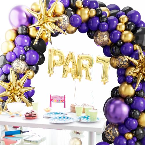 deiiom Purple Black Balloon Arch Kit – 127 Pieces with Metallic Gold Star Foil for Graduation, Birthday, Easter