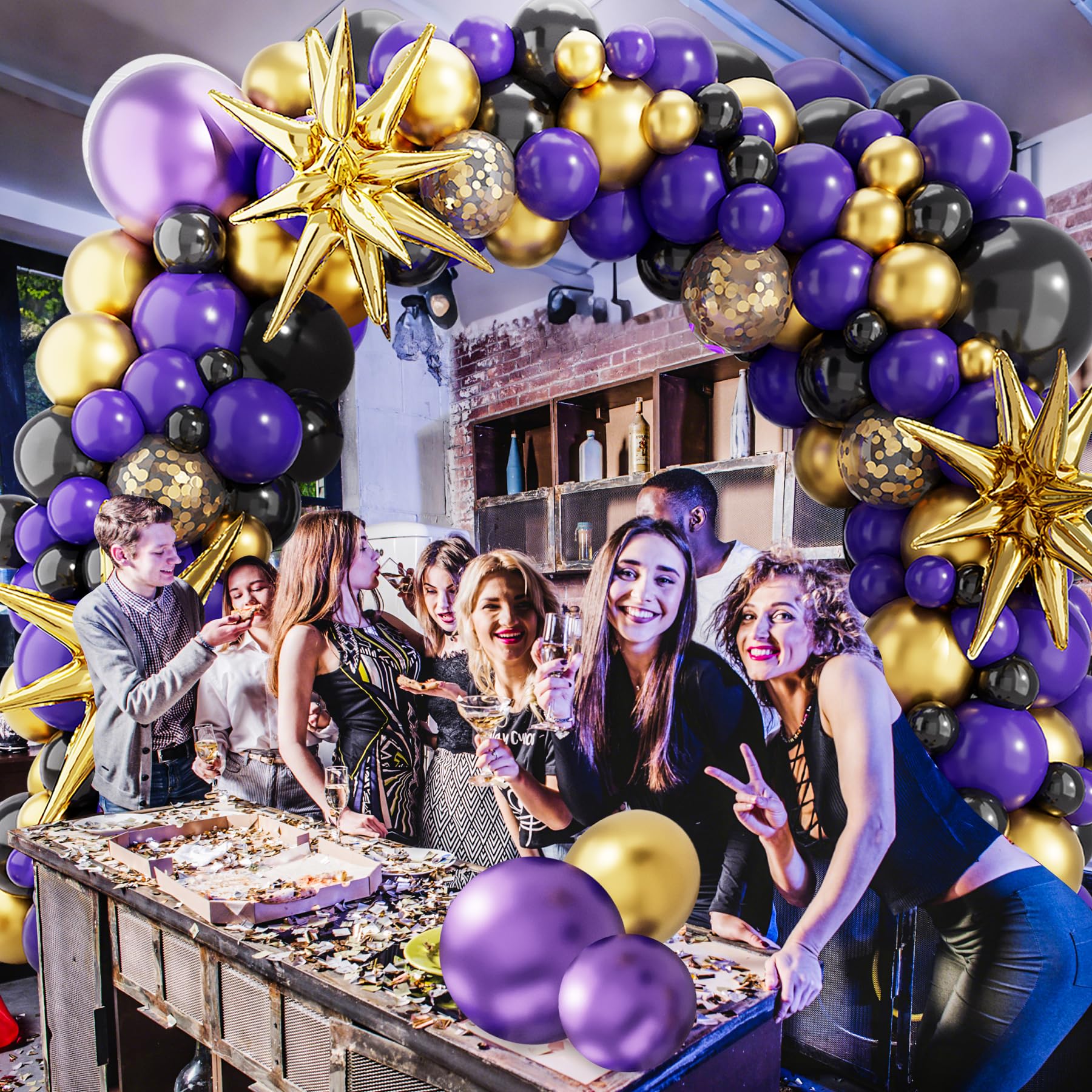 deiiom Purple Black Balloon Arch Kit – 127 Pieces with Metallic Gold Star Foil for Graduation, Birthday, Easter